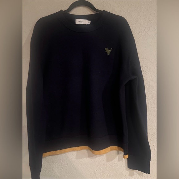Coach Navy Blue Crewneck Sweater Yellow Trim Wool XL Mens /Womens Rexy Patch